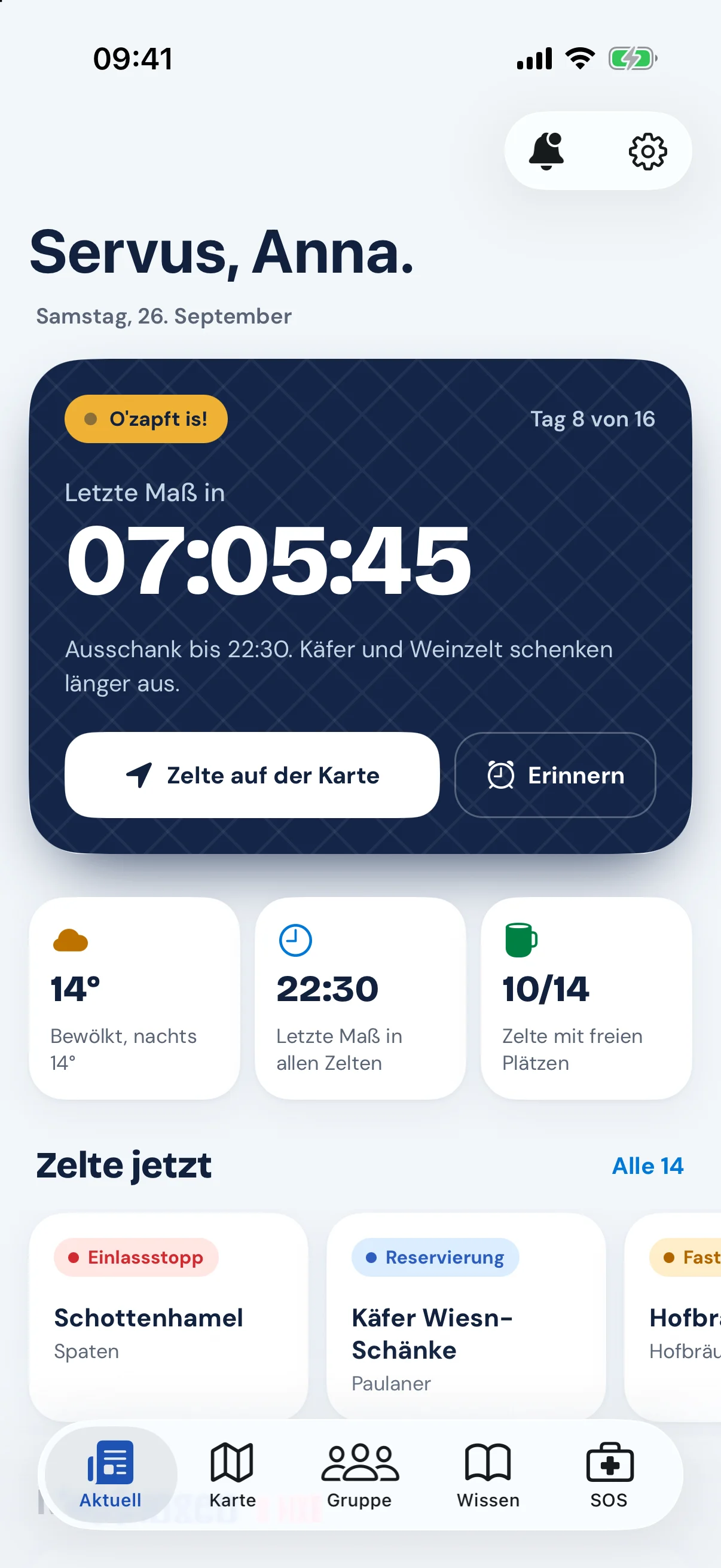 Startseite der App mit Countdown bis zur letzten Maß, Wetter und Zeltstatus