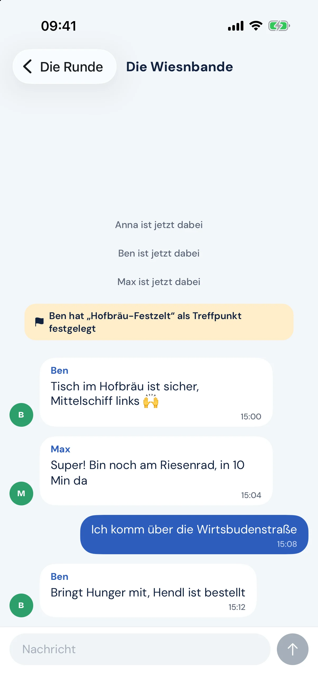 Chat der Runde mit Nachrichten und festgelegtem Treffpunkt