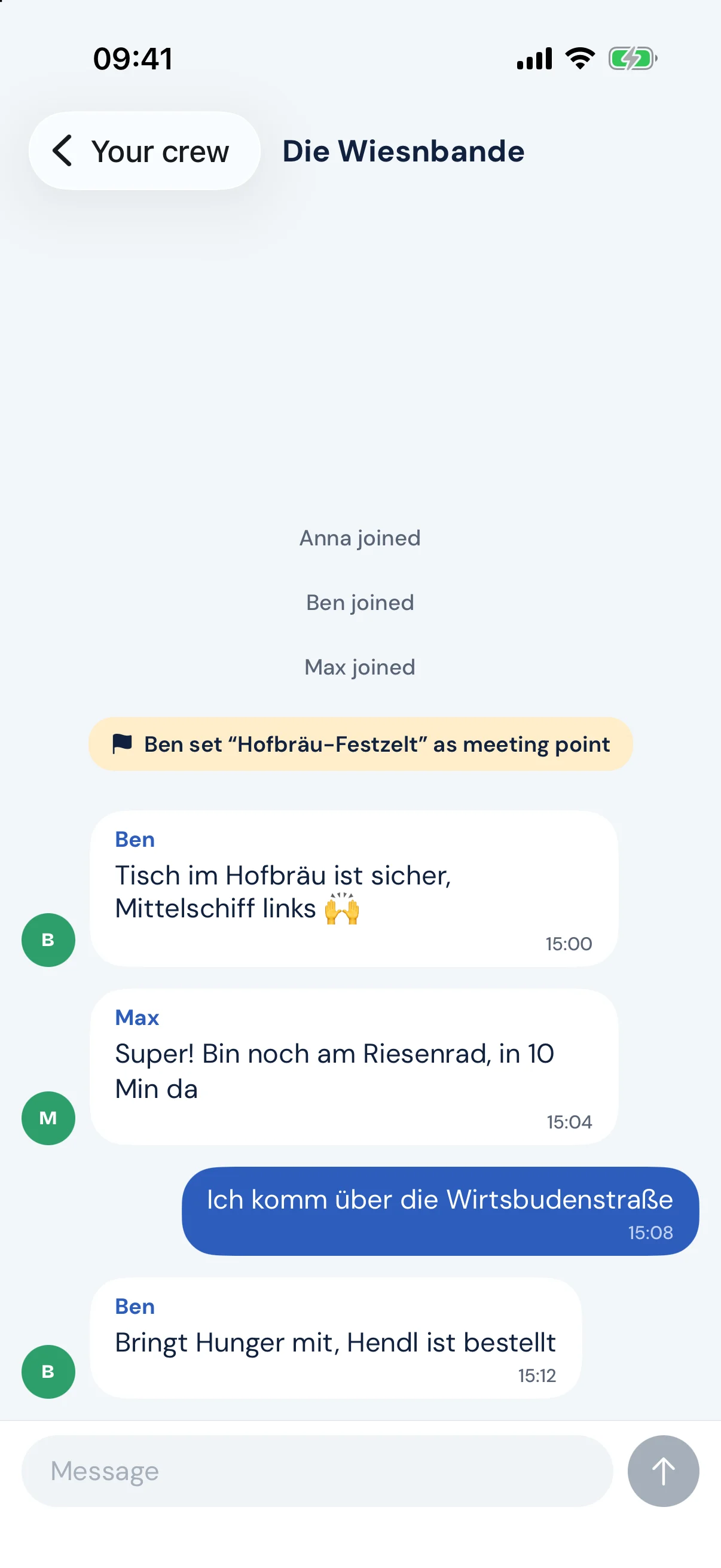 Crew chat with messages and a meeting point