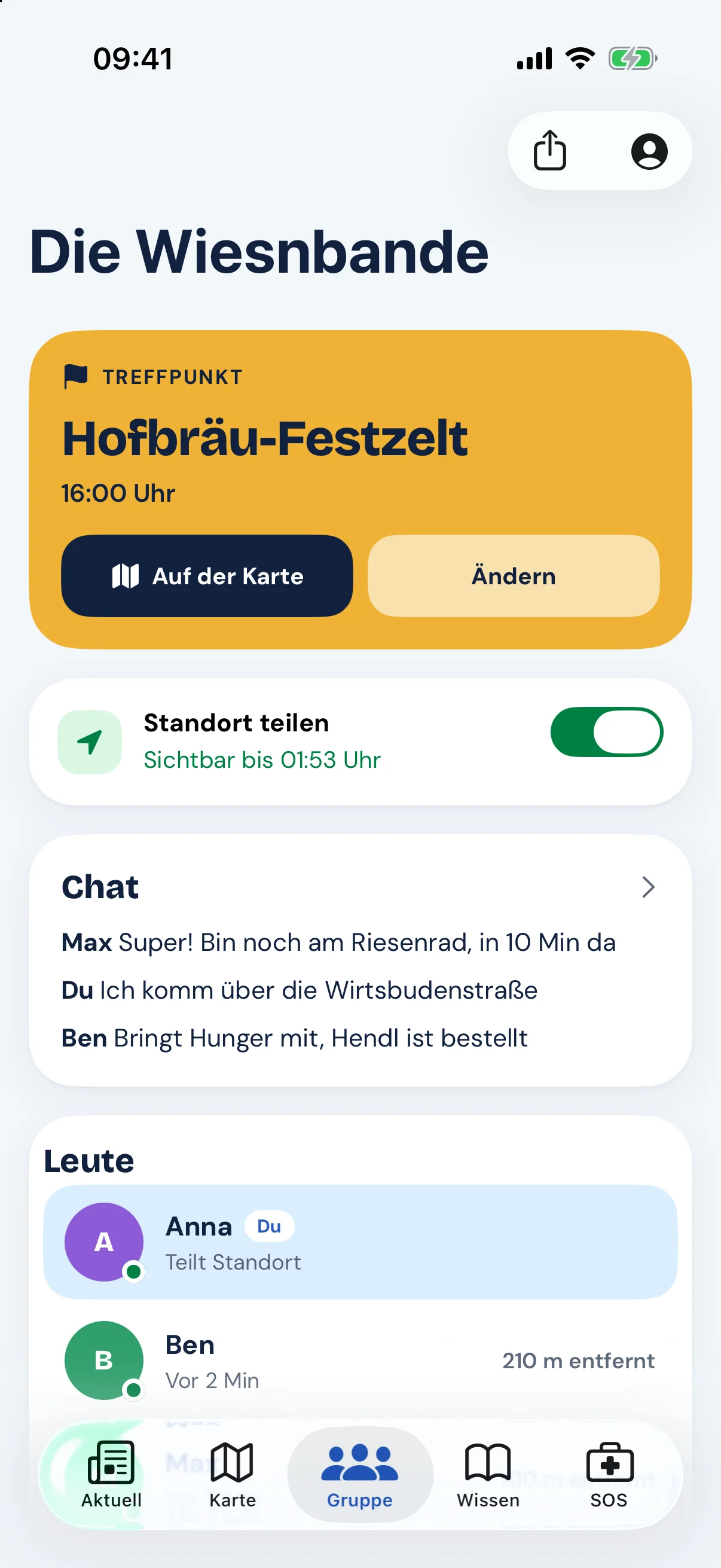Ansicht der Runde mit Treffpunkt Hofbräu-Festzelt, Chat und Freunden mit Entfernung