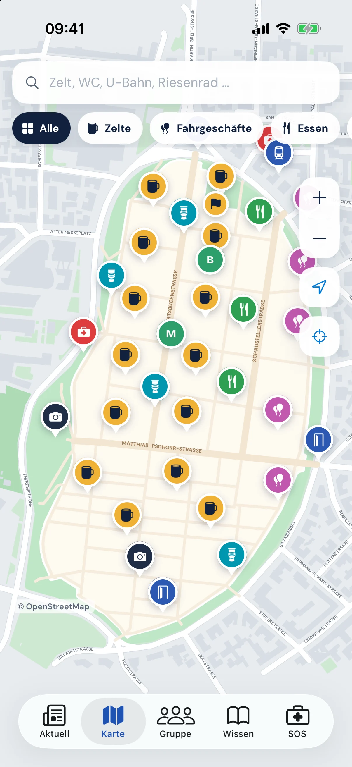 Karte der Theresienwiese mit Zelten, Fahrgeschäften und Freunden