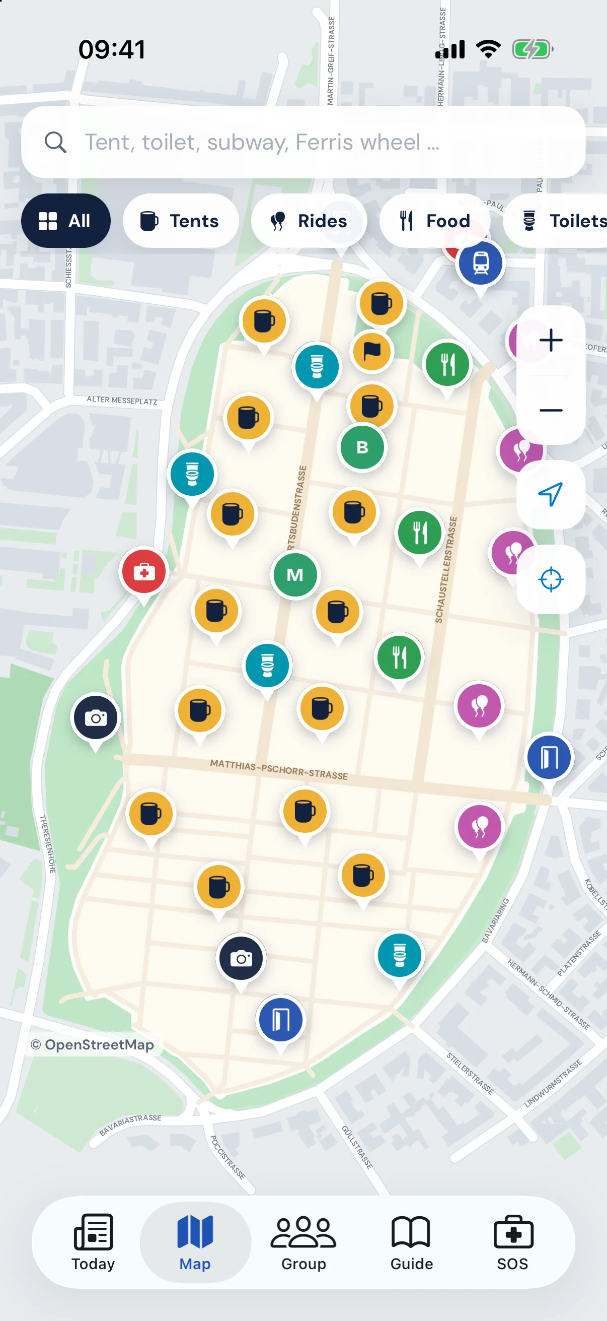 Map of the Theresienwiese with tents, rides and friends
