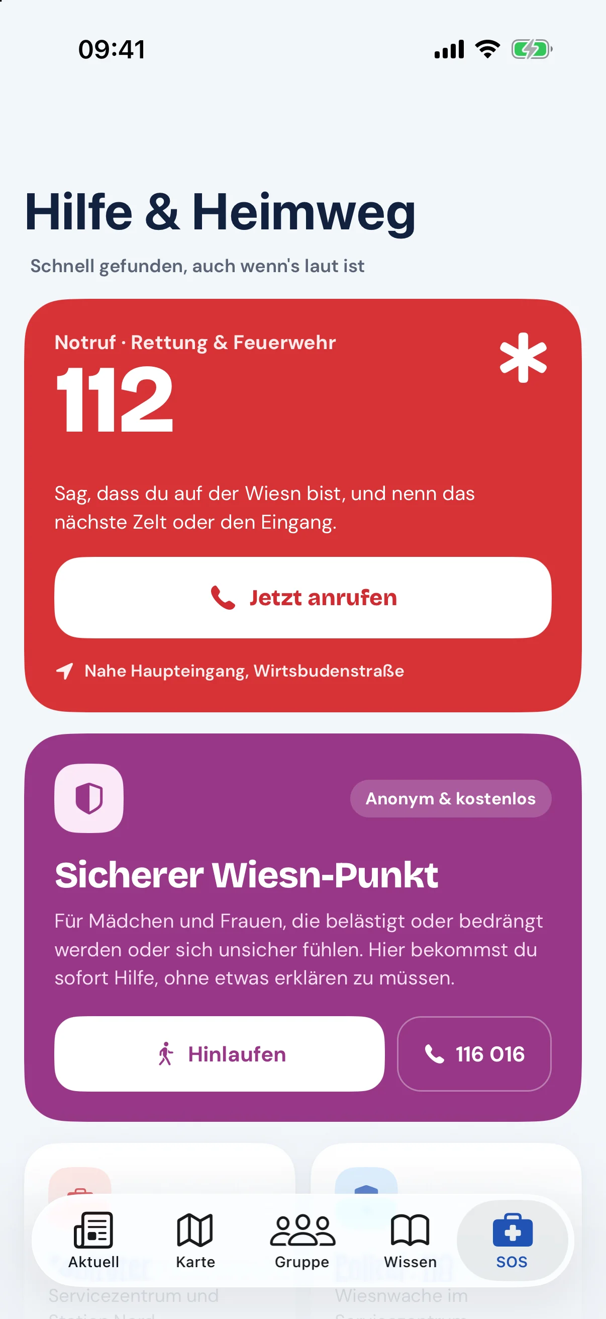 Hilfe-Bereich mit Notruf 112 und dem Sicheren Wiesn-Punkt