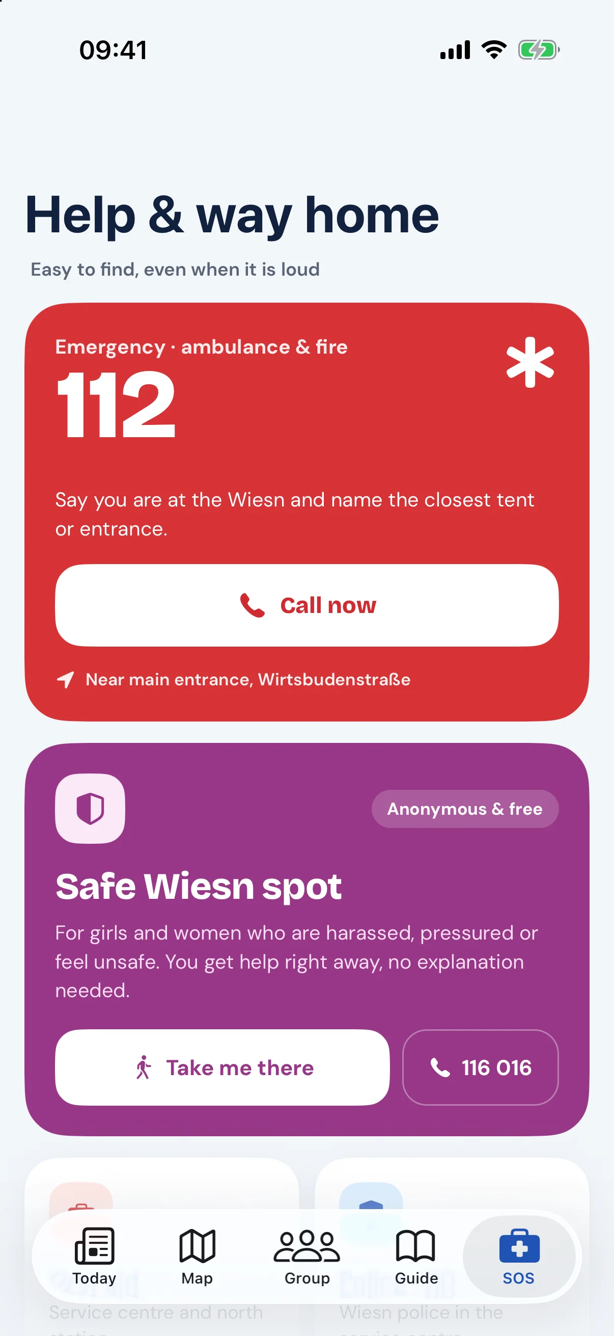 Help section with emergency number 112 and the Safe Wiesn point