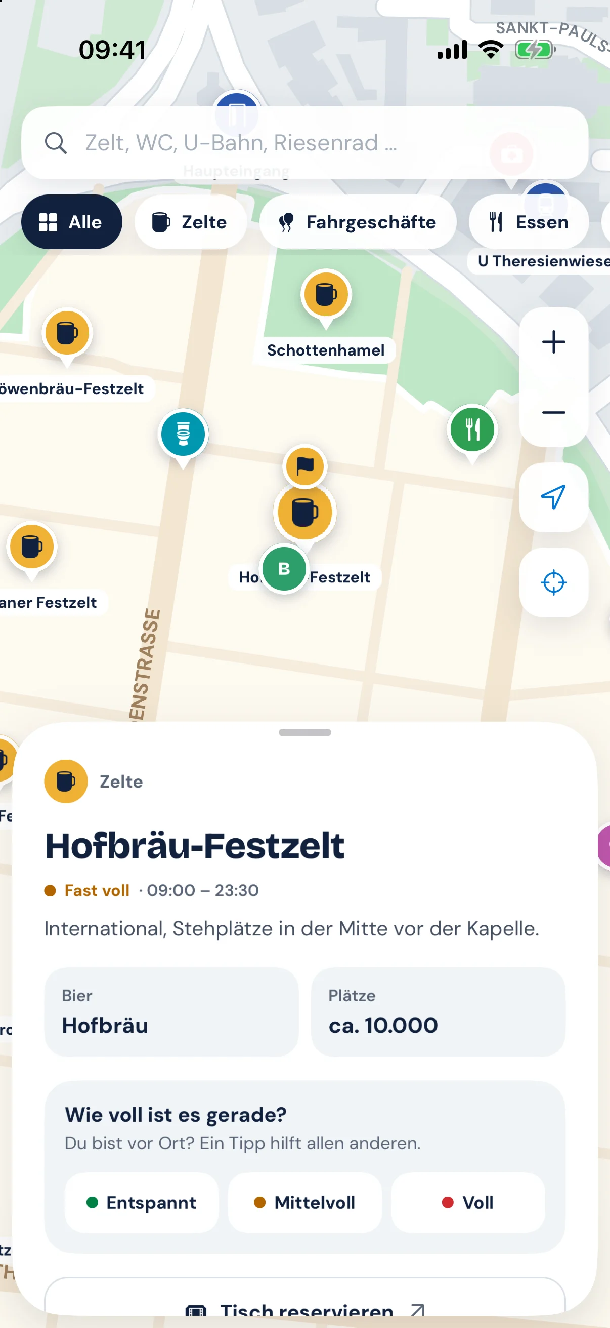 Detailansicht des Hofbräu-Festzelts mit Status fast voll und Besuchermeldung