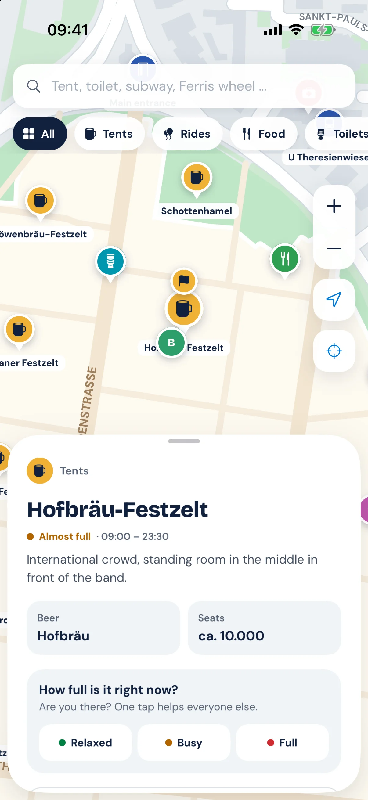 Detail view of the Hofbräu tent with status almost full and a visitor report